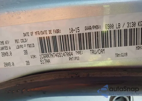 2016 Ram 1500 Laramie из США, поврежденный, VIN 1C6RR7NT4GS147064